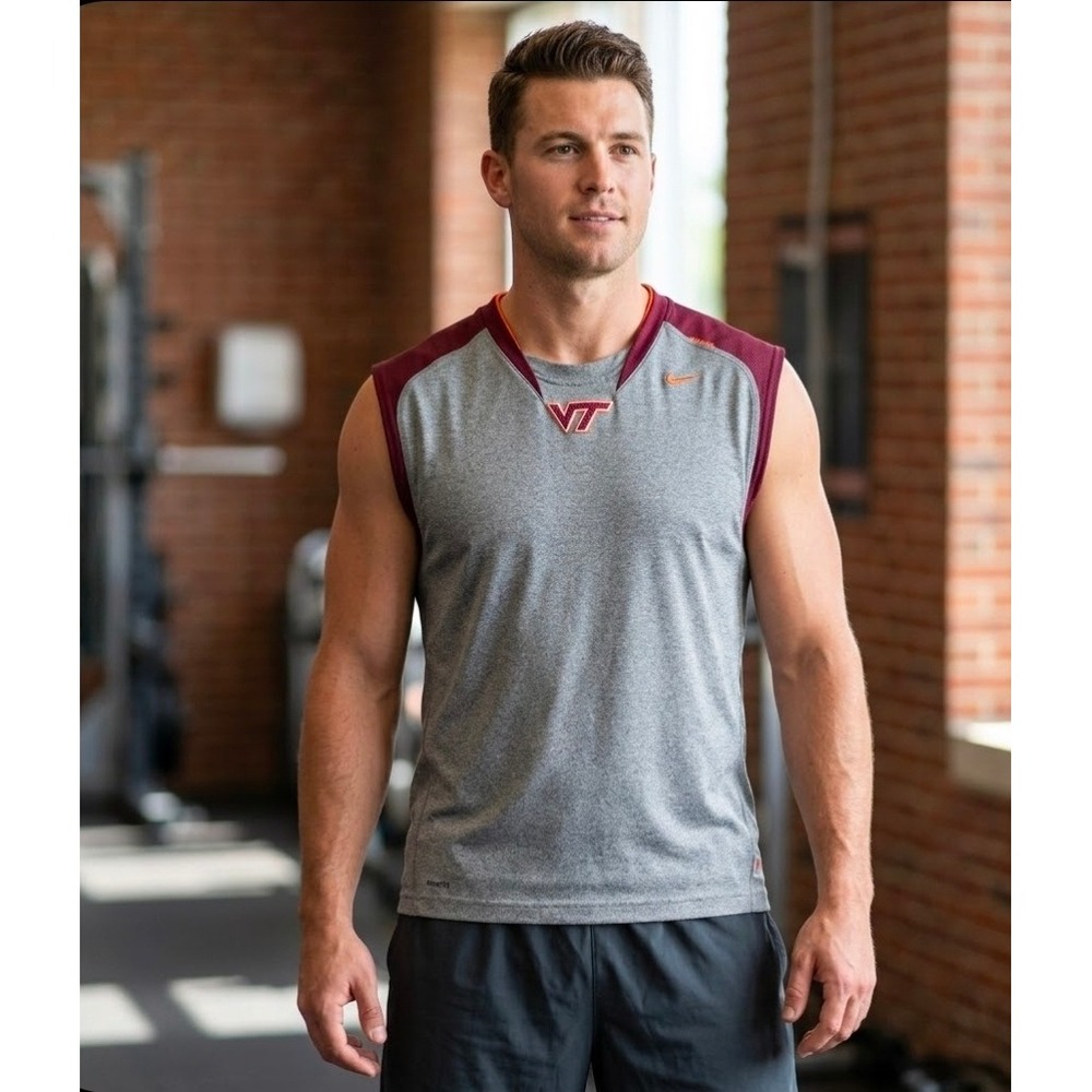 Nike Team Virginia Tech VT Hokies Sleeveless Shirt Mens Large Gray Maroon FIT